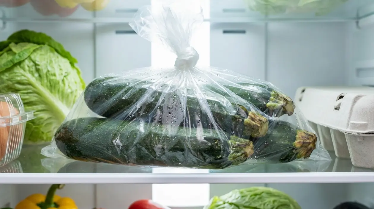 Zucchine crude chiuse in un sacchetto di plastica nel frigorifero, con condensa che favorisce il deterioramento